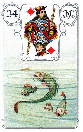 34. Fische - BEDEUTUNG: Geld, finanzielle Angelegenheiten, beweglicher Besitz, Reichtum, Gewinne, Vermehrung, Gefühle, Instinkt, Psychologie, Expansion 34. Fische - Lenormandkarten