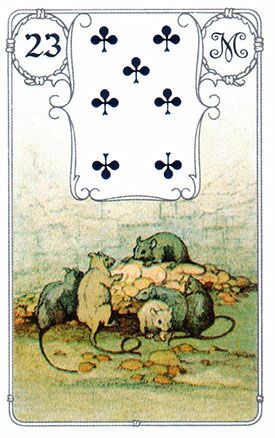 23. Mäuse - BEDEUTUNG: Verlust, Unzufriedenheit, Diebstahl, Zeitverlust, Abfall, Unrat, Absage, Enttäuschung 23. Mäuse - Lenormandkarten